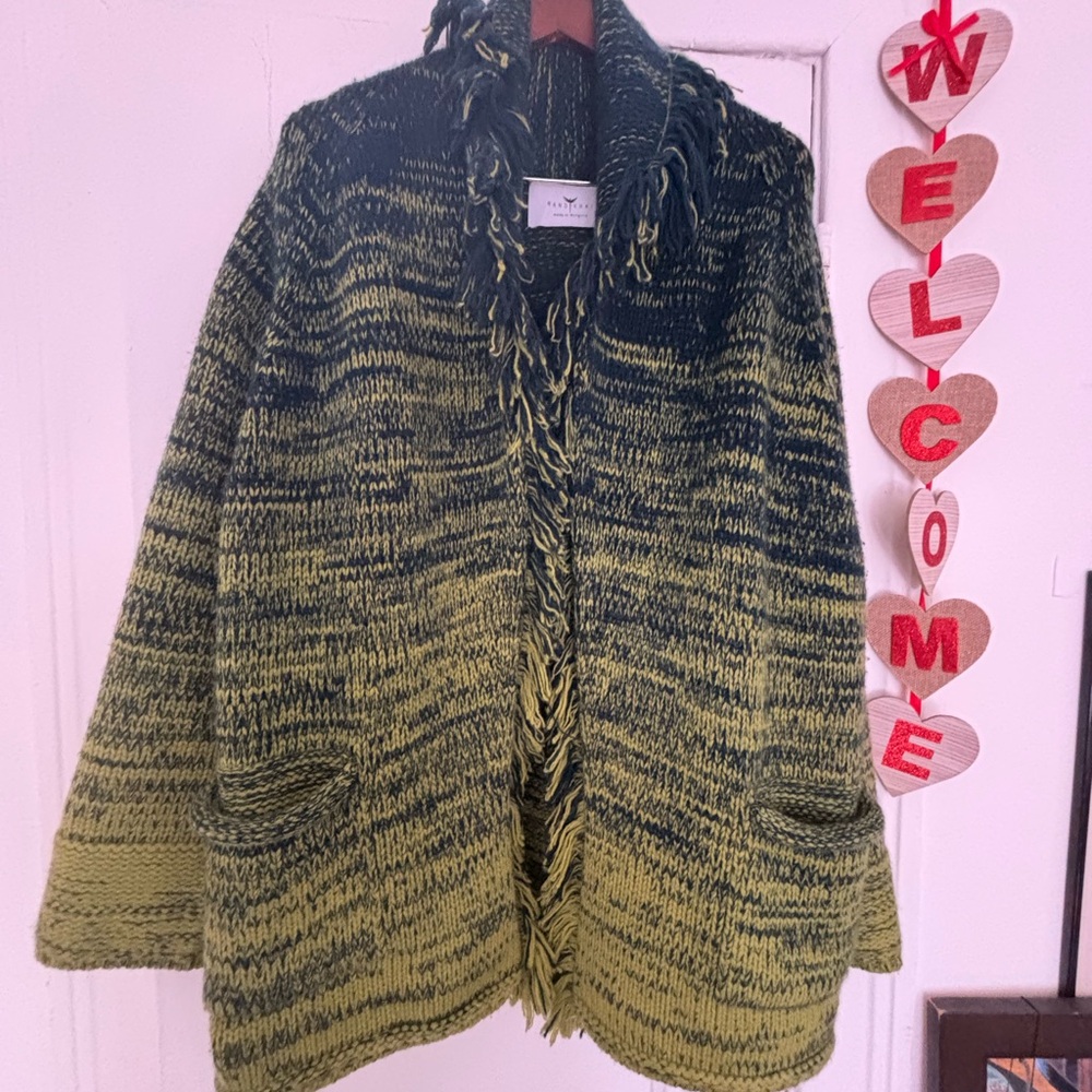 Green and blue jacket with shawl collar